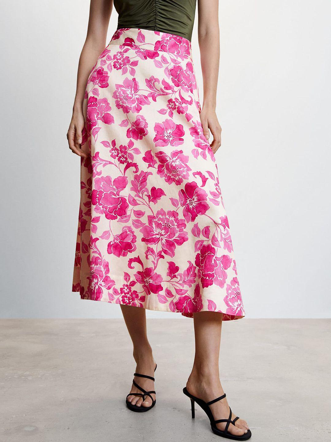 mango floral printed pure cotton midi flared skirt