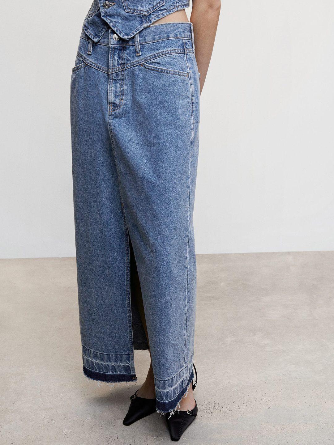 mango frayed hem denim long skirt