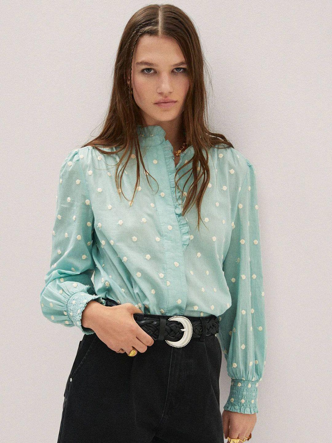 mango geometric embroidered mandarin collar puff sleeve cotton shirt style top