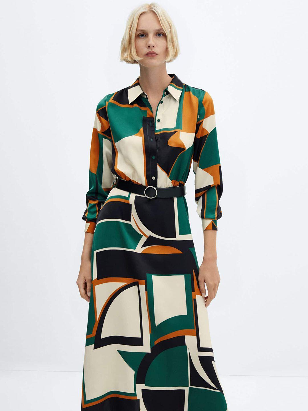 mango geometric print belted shirt midi dress