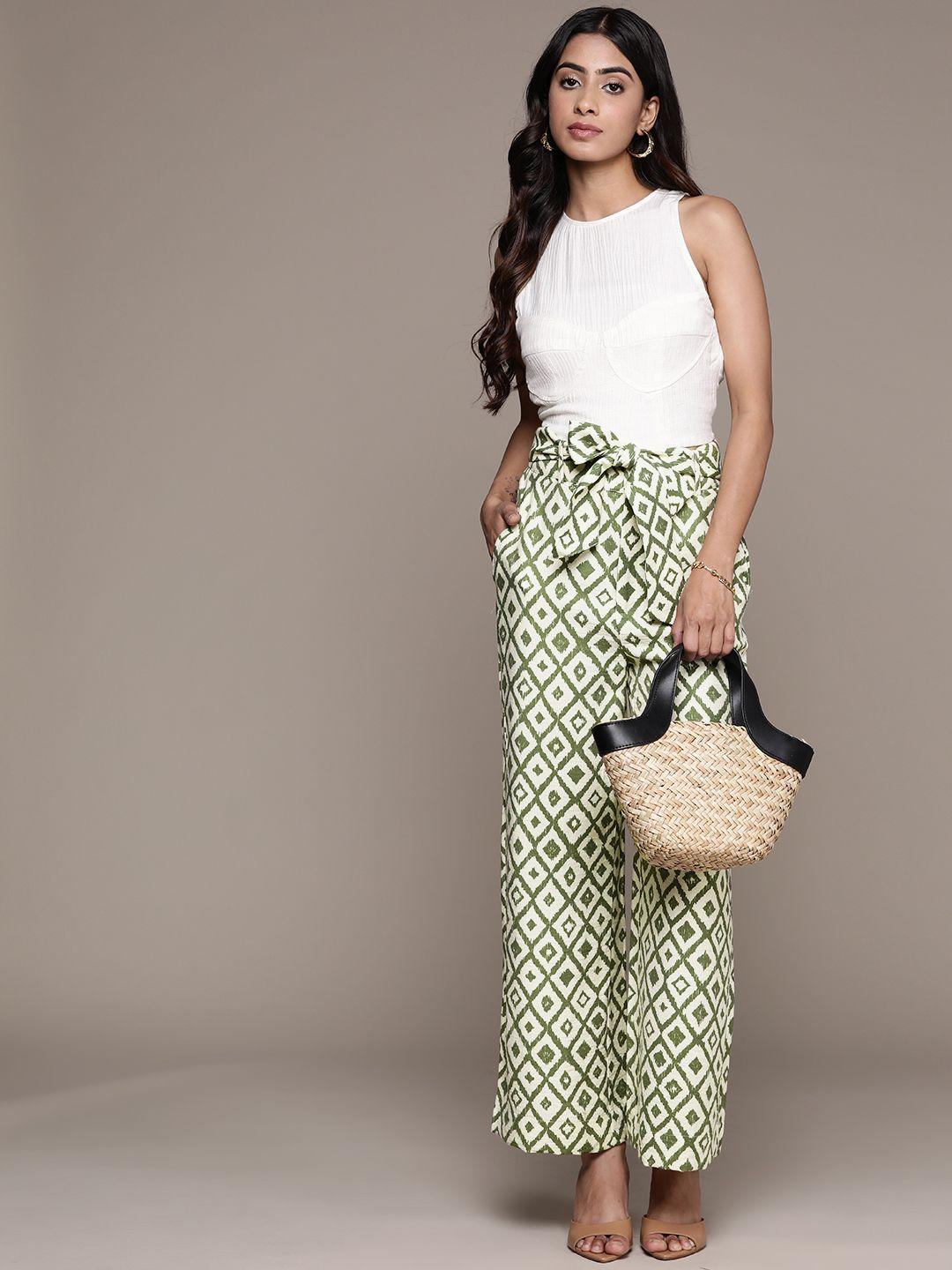 mango geometric printed trousers with tie-up belt