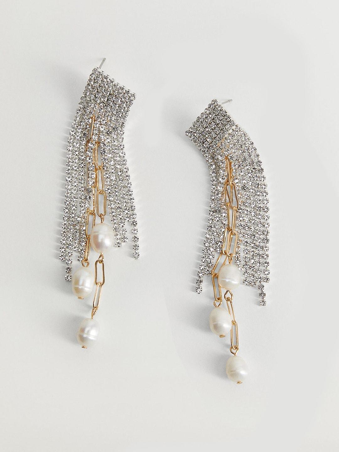 mango gold-toned & off white stone-studded & beaded contemporary drop earrings