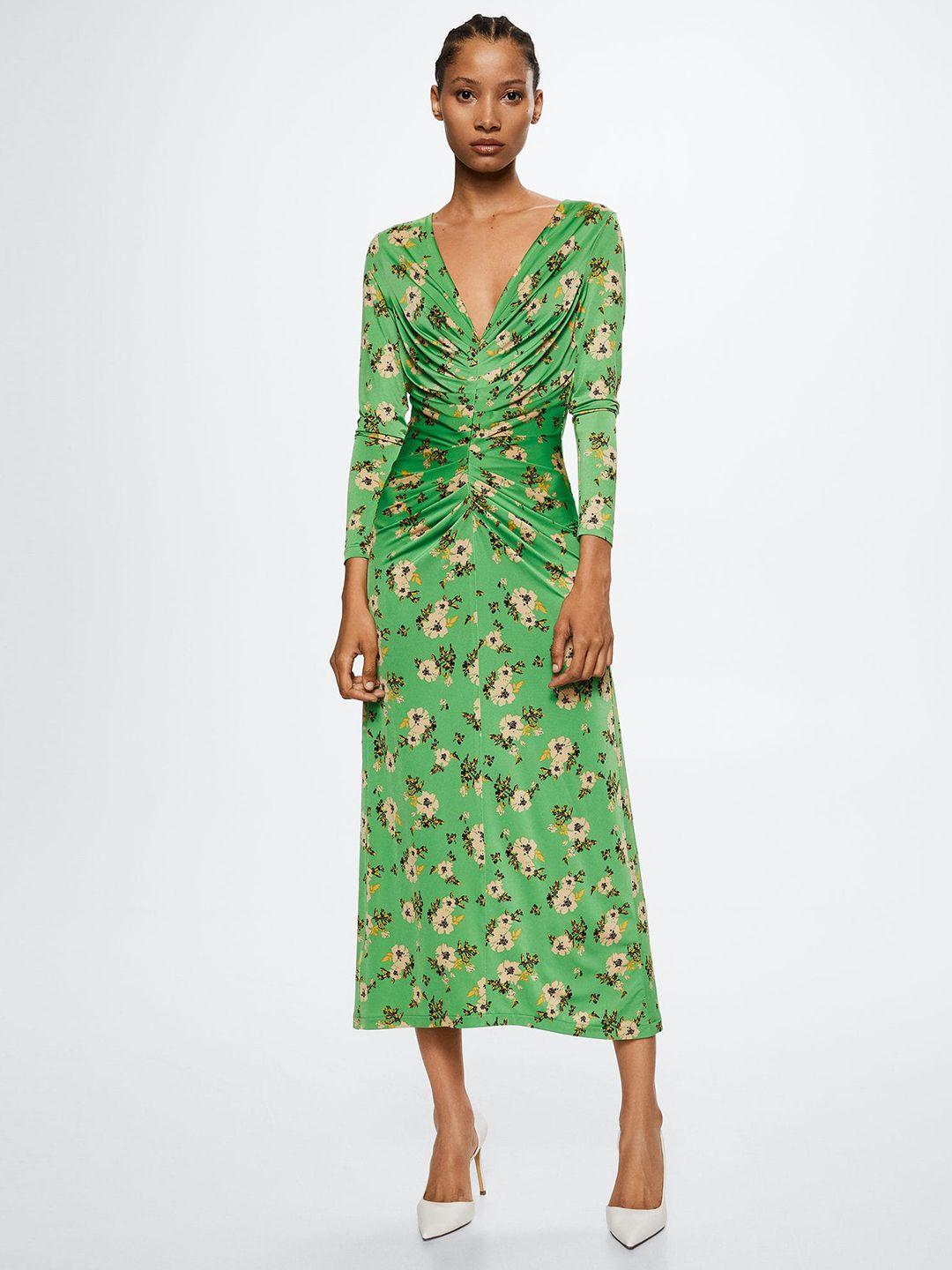 mango green & beige sustainable floral print ruched a-line midi dress