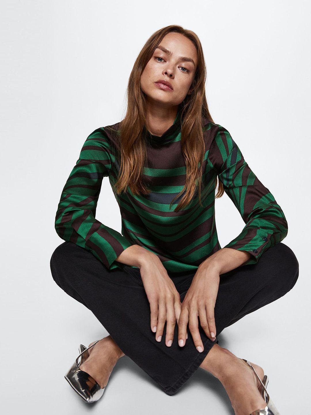 mango green & black striped high neck satin sustainable top