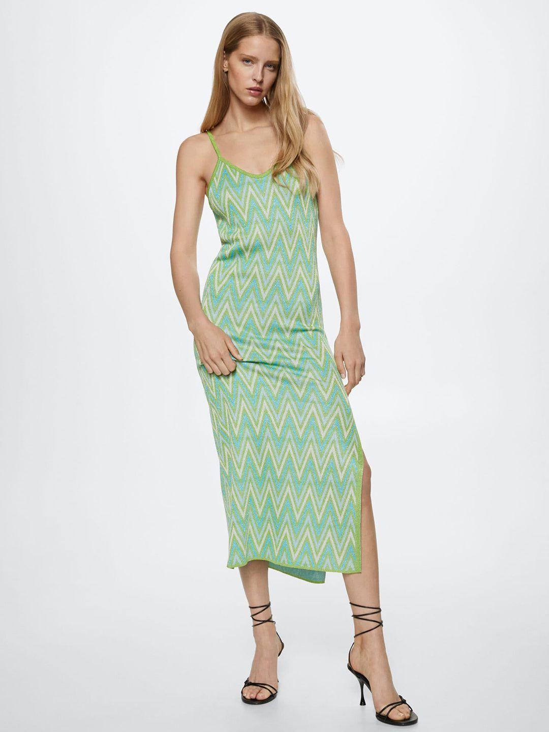 mango green & blue a-line midi dress