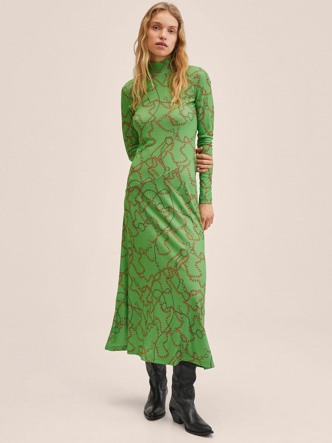 mango green & brown scarf print maxi dress