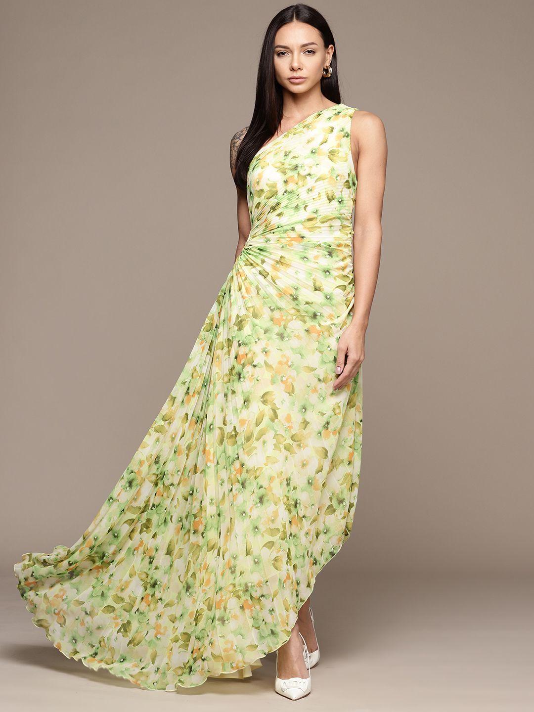 mango green & cream-coloured floral print one shoulder maxi dress
