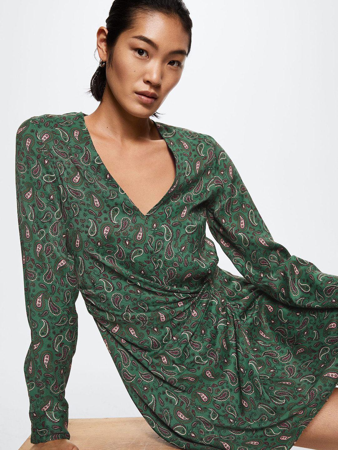 mango green & red sustainable paisley print satin finish a-line dress