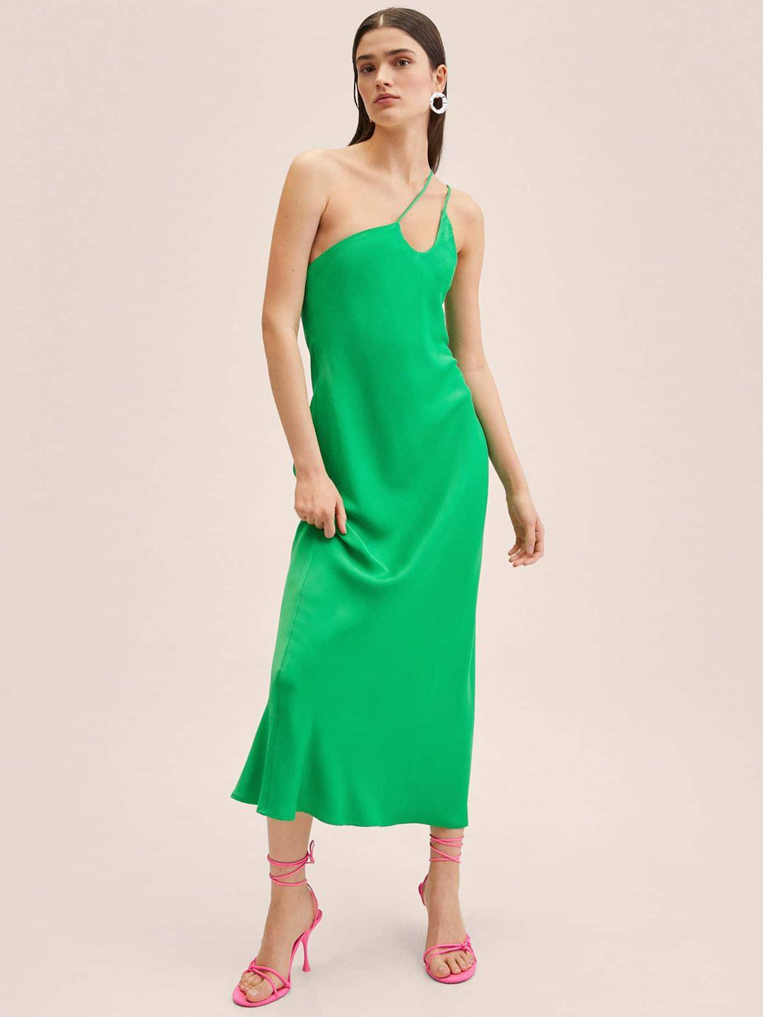 mango green satin finish asymmetric neckline a-line midi dress