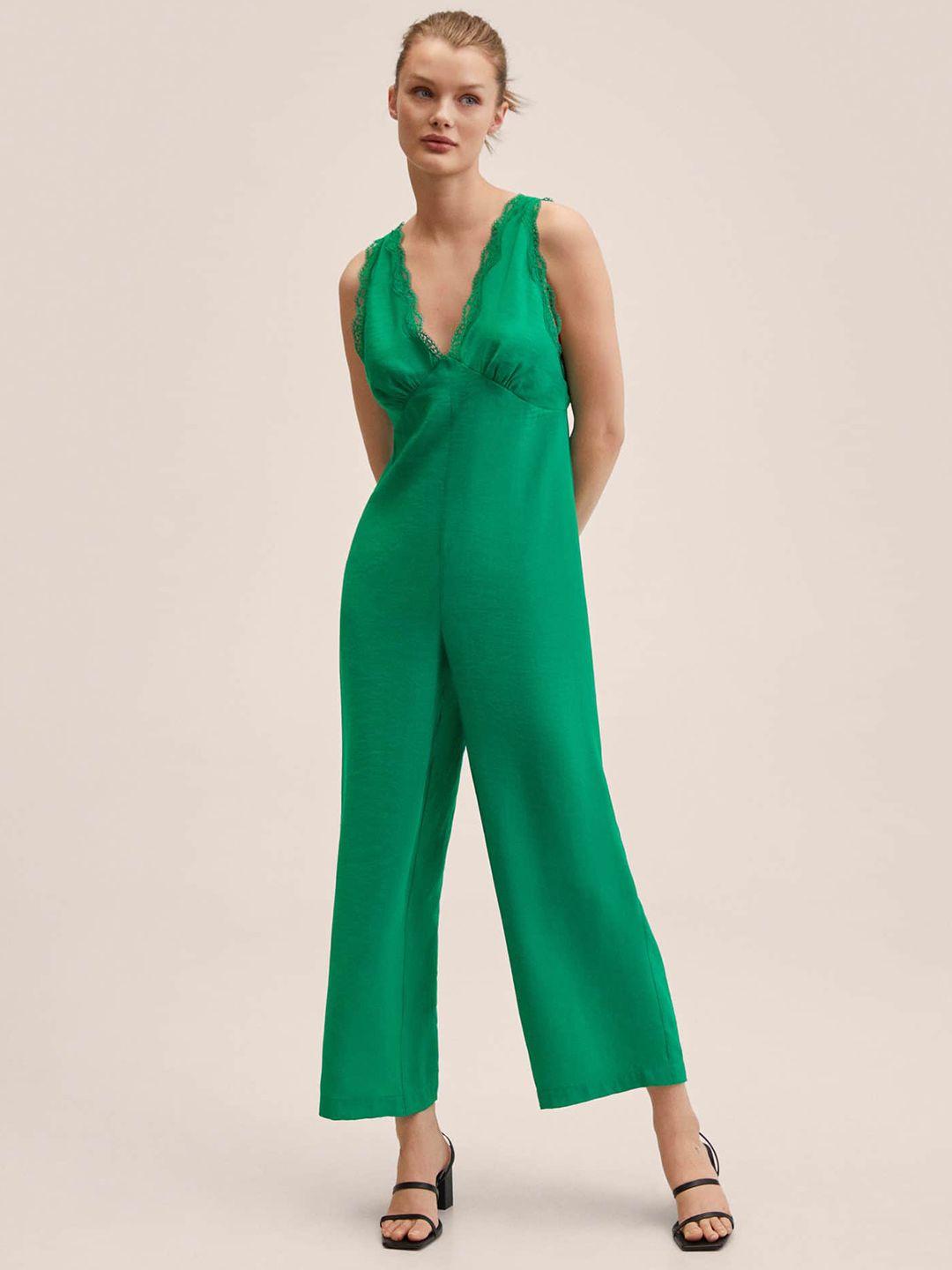 mango green solid basic jumpsuit with lace inserts