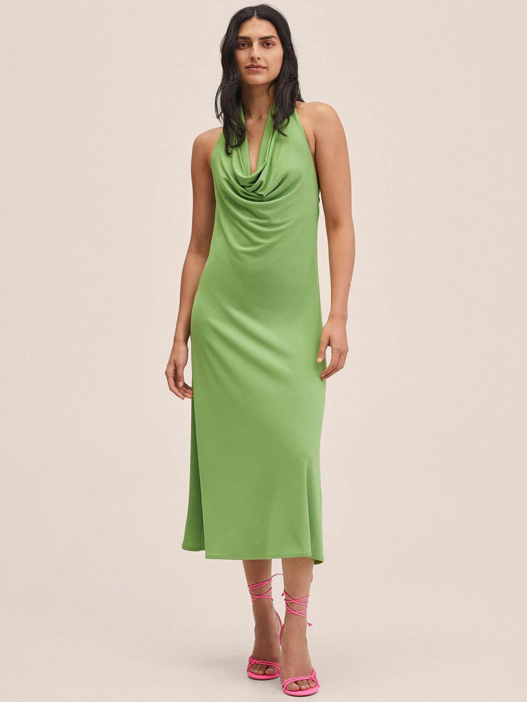 mango green solid cowl neck a-line midi dress