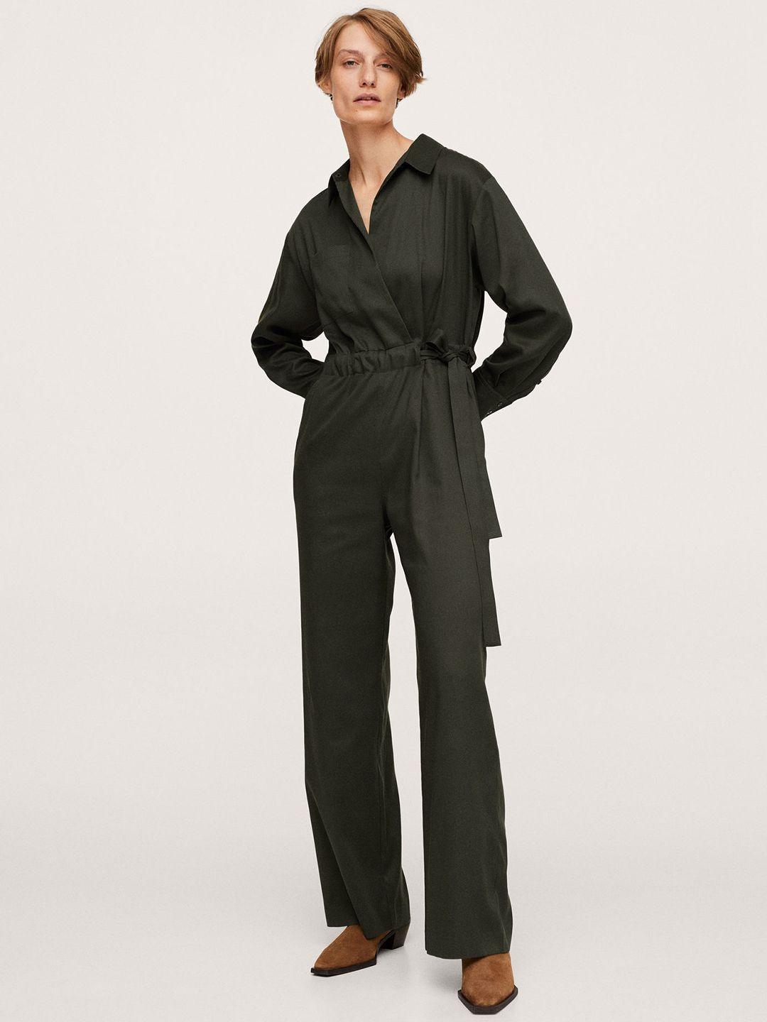 mango green solid pu basic jumpsuit with waist tie-up