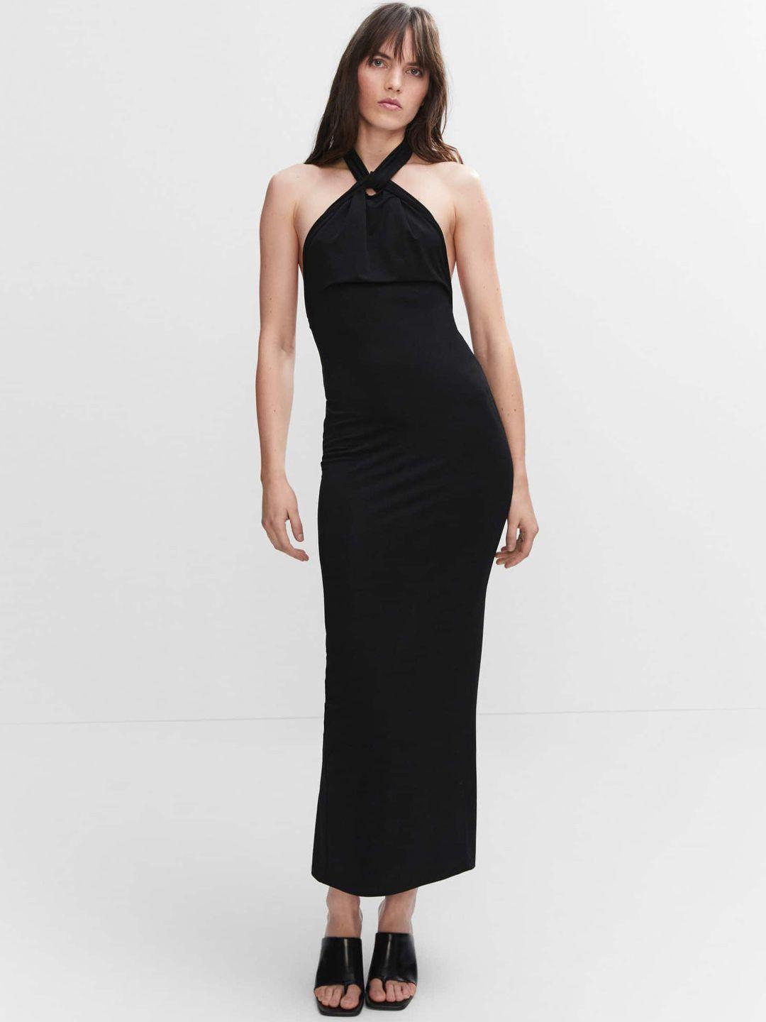 mango halter neck open-back sheath midi dress