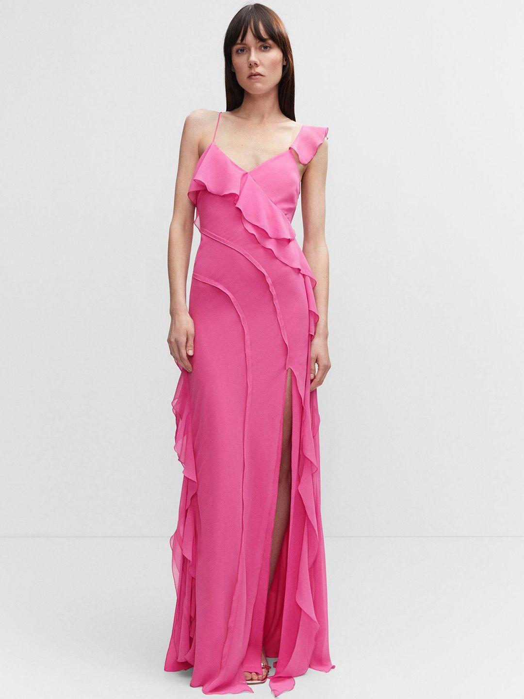 mango high slit ruffled open-back maxi dress