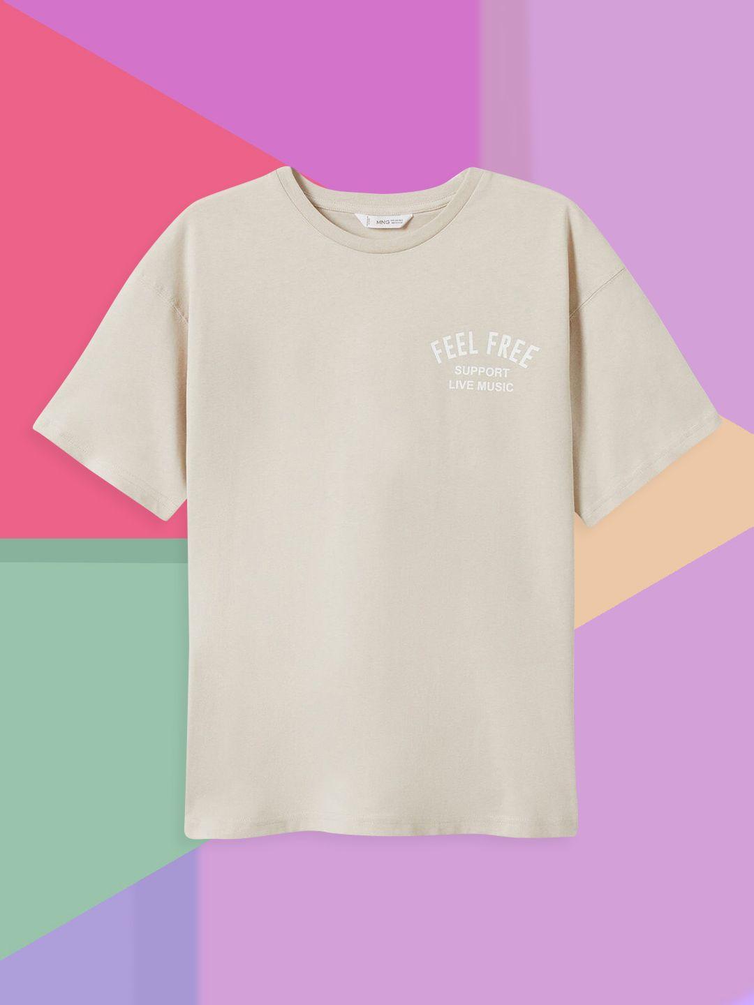mango kids boys beige & white printed drop-shoulder sleeves pure cotton t-shirt