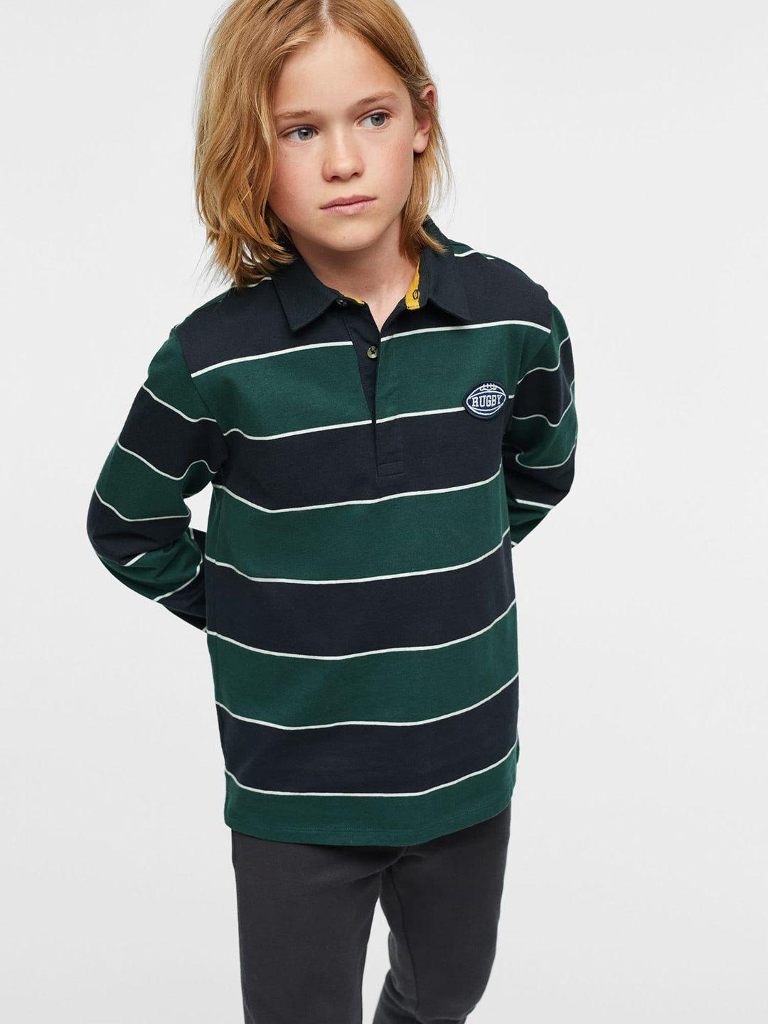 mango kids boys green & navy blue pure cotton striped polo collar sustainable t-shirt