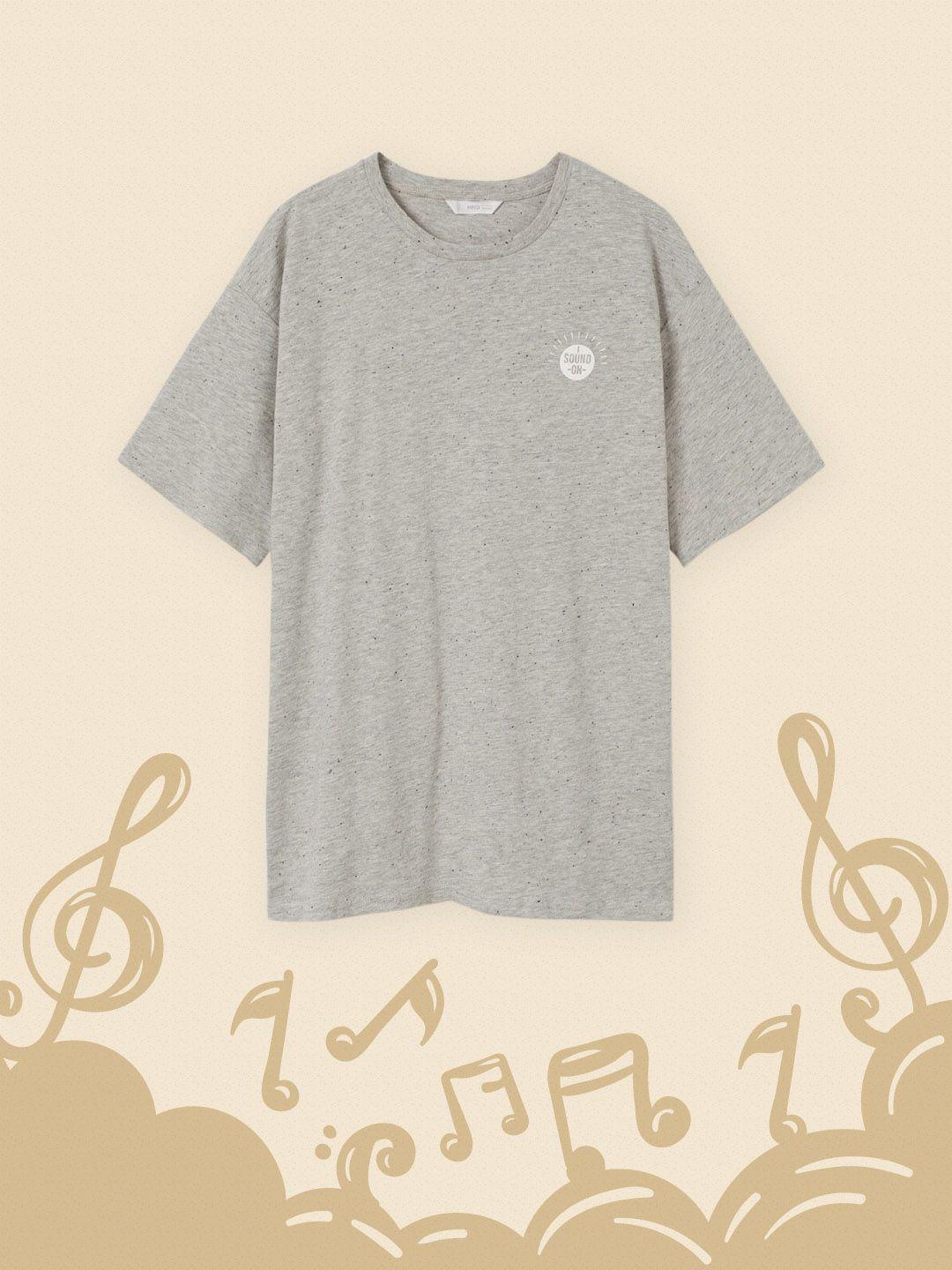 mango kids boys grey melange & white typography printed drop-shoulder sleeves t-shirt