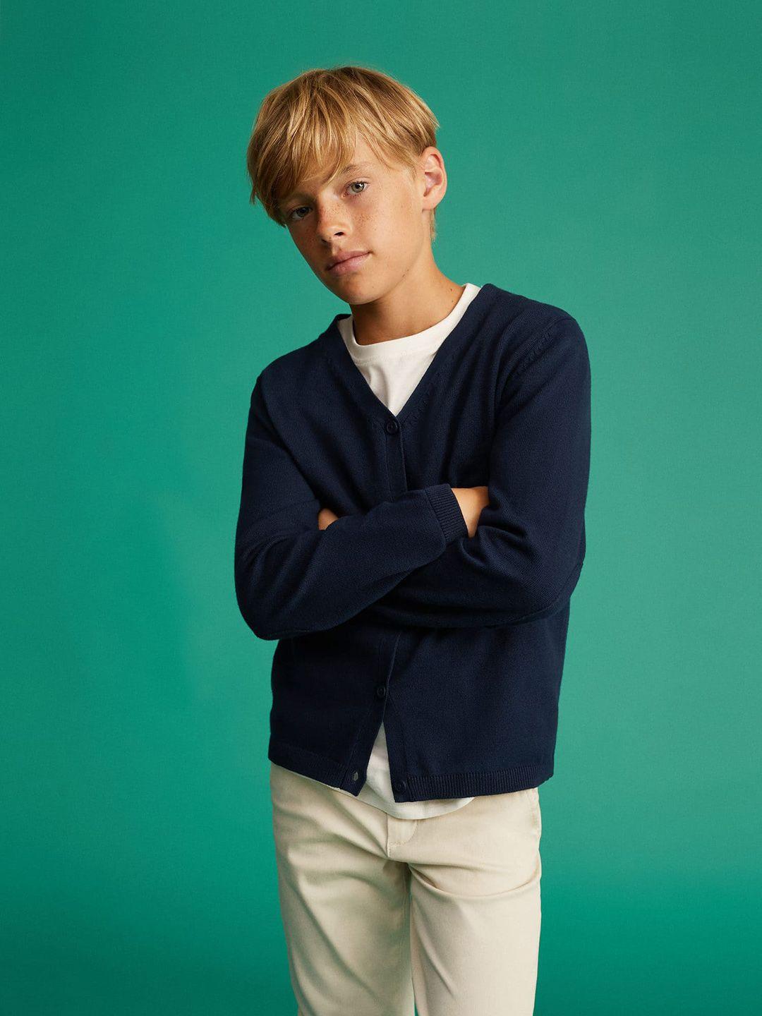 mango kids boys navy blue solid sustainable cardigan