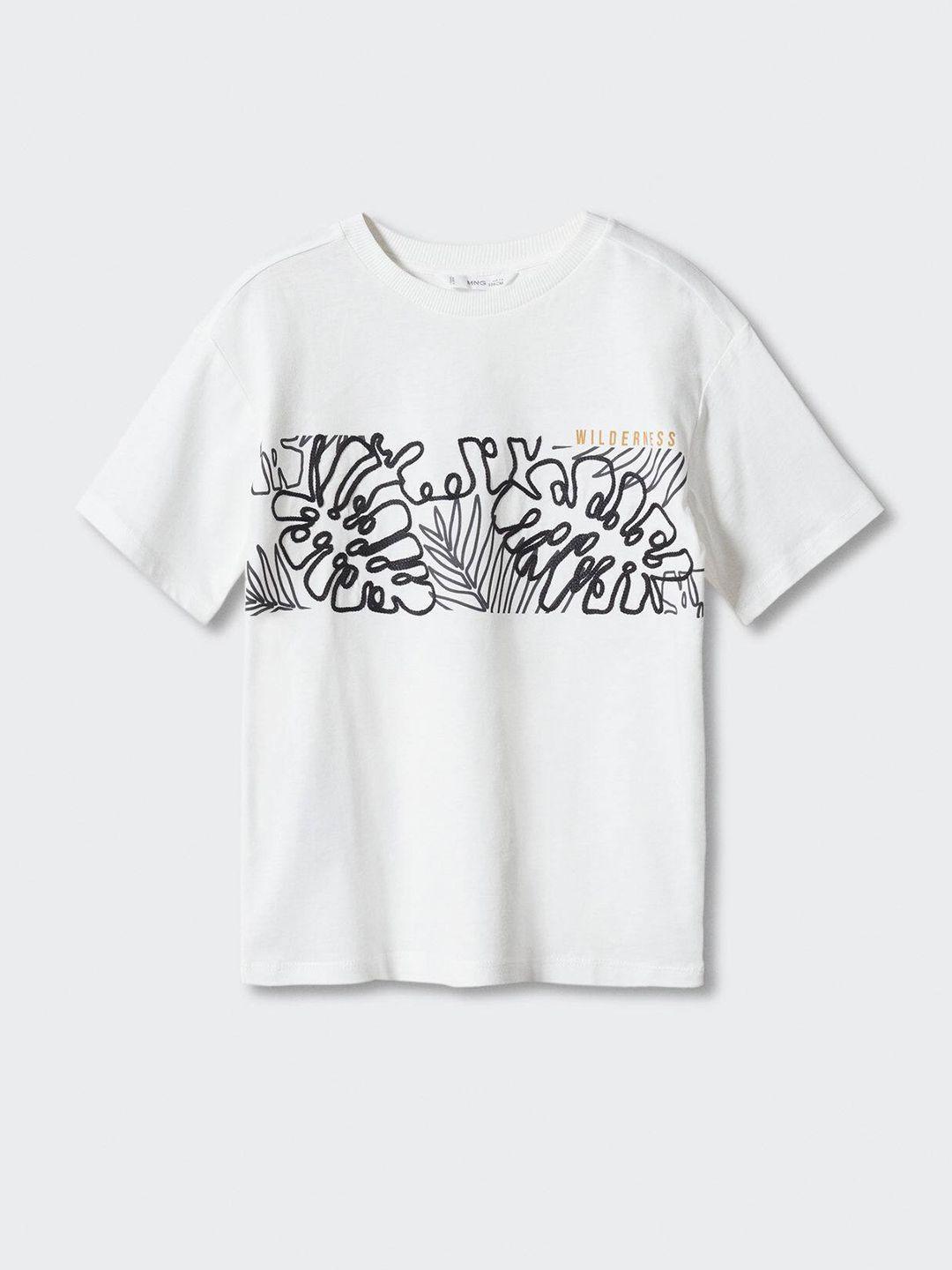 mango kids boys white & black printed tropical pure cotton t-shirt