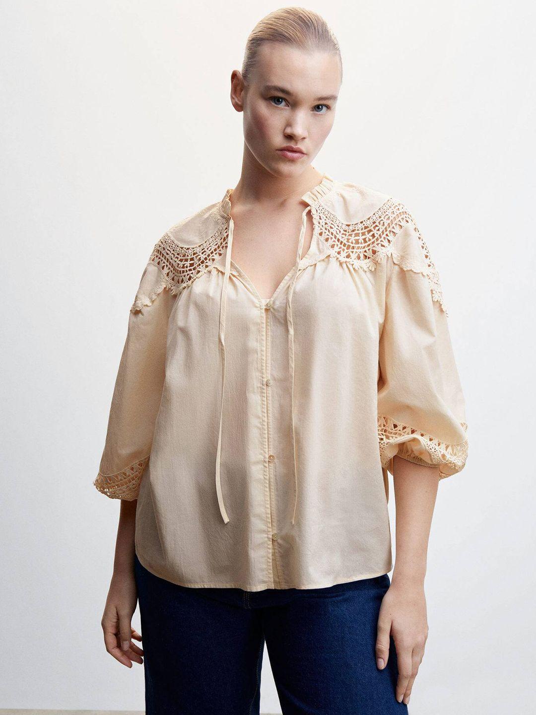 mango lace-inserted tie-up neck puff sleeves pure cotton top