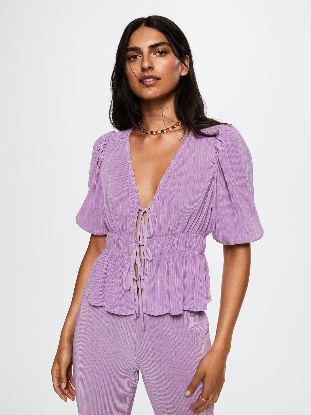 mango lavender plisse tie-up top with elastic waist