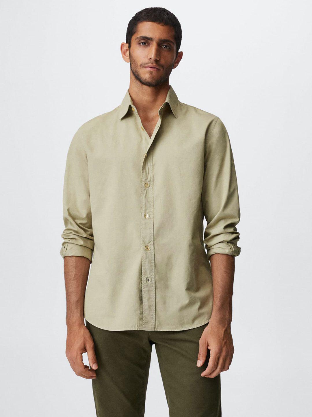 mango man beige solid slim fit pure cotton sustainable casual shirt