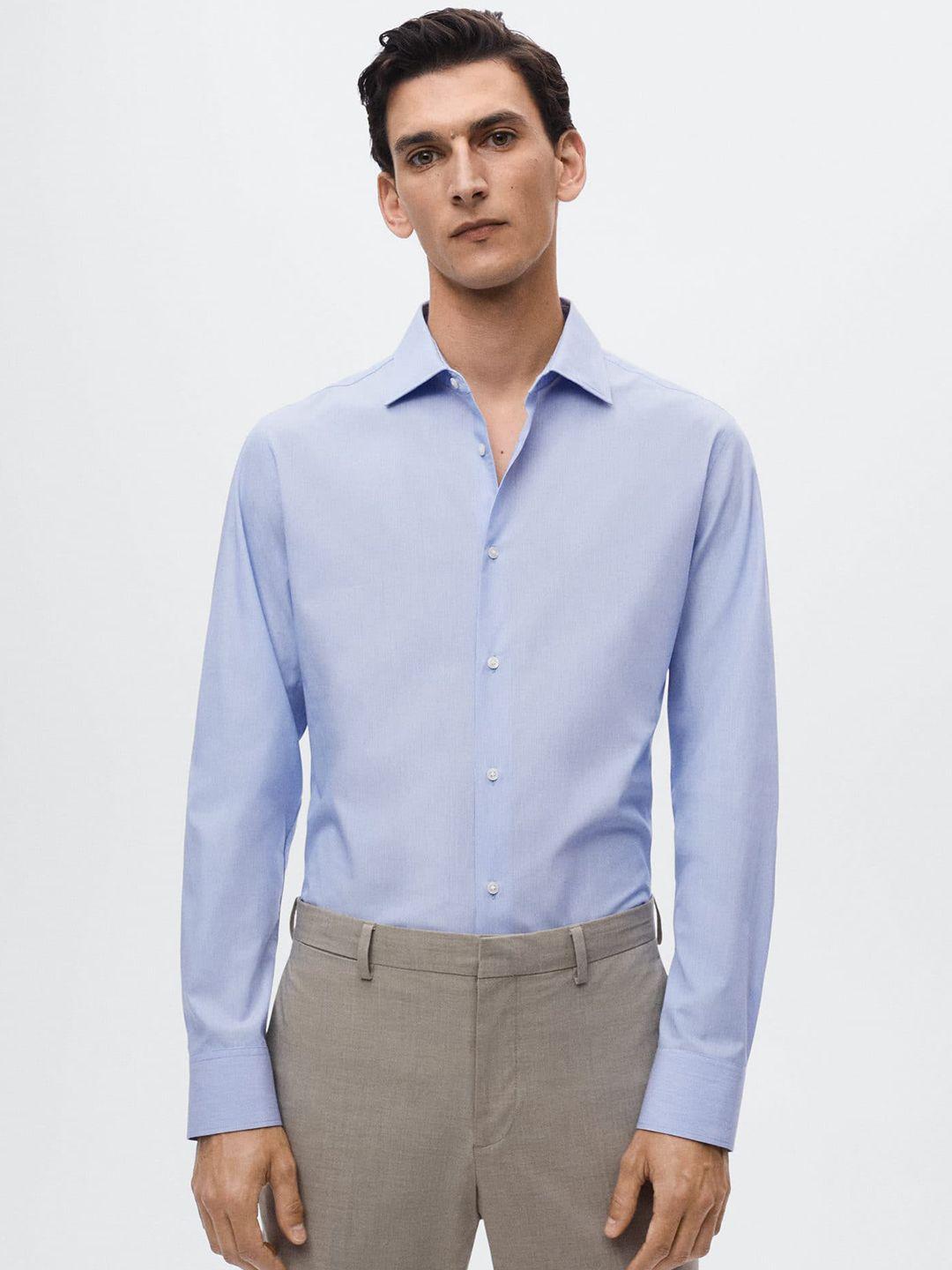 mango man blue solid cotton formal shirt