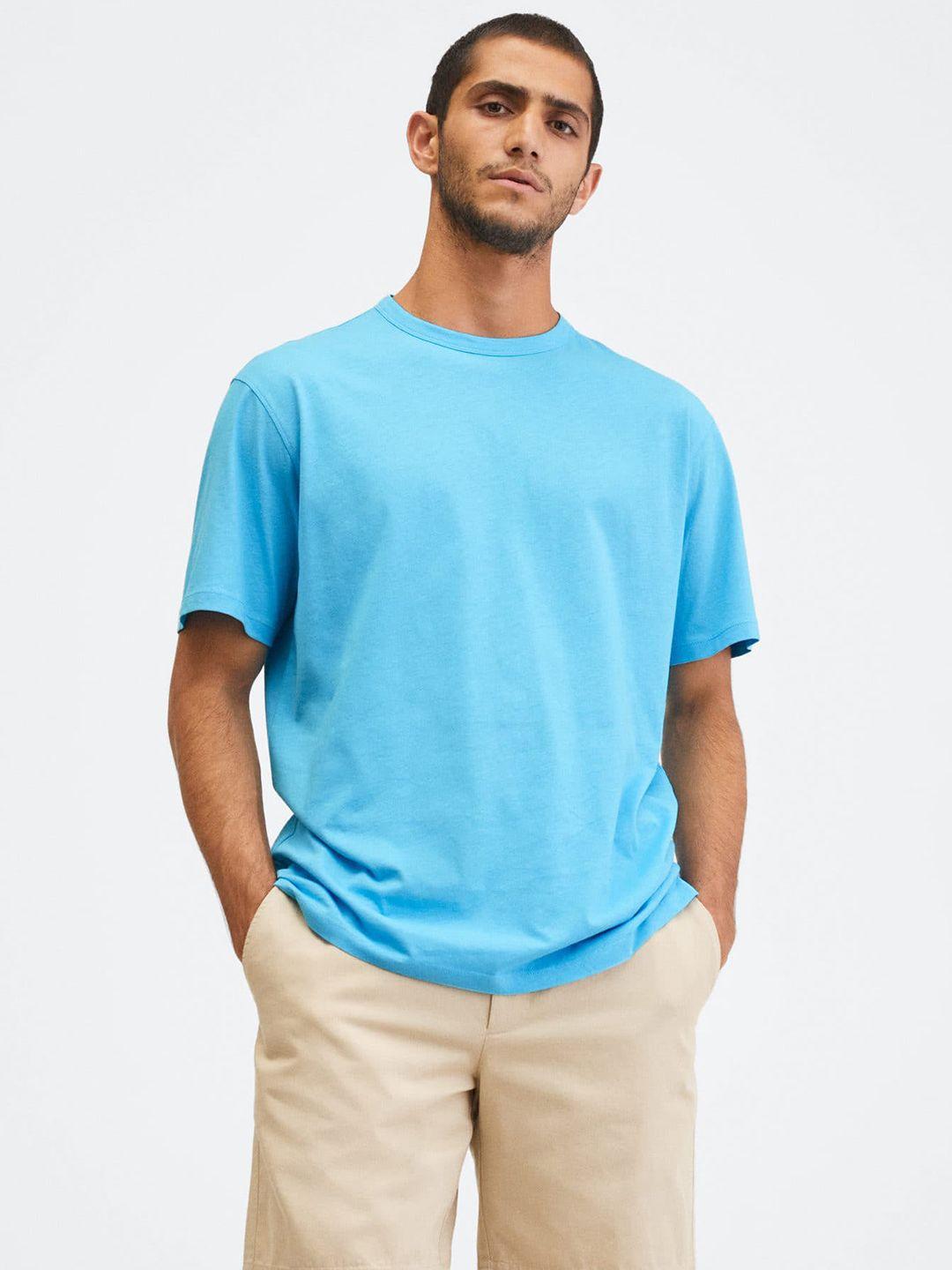 mango man blue solid pure cotton t-shirt