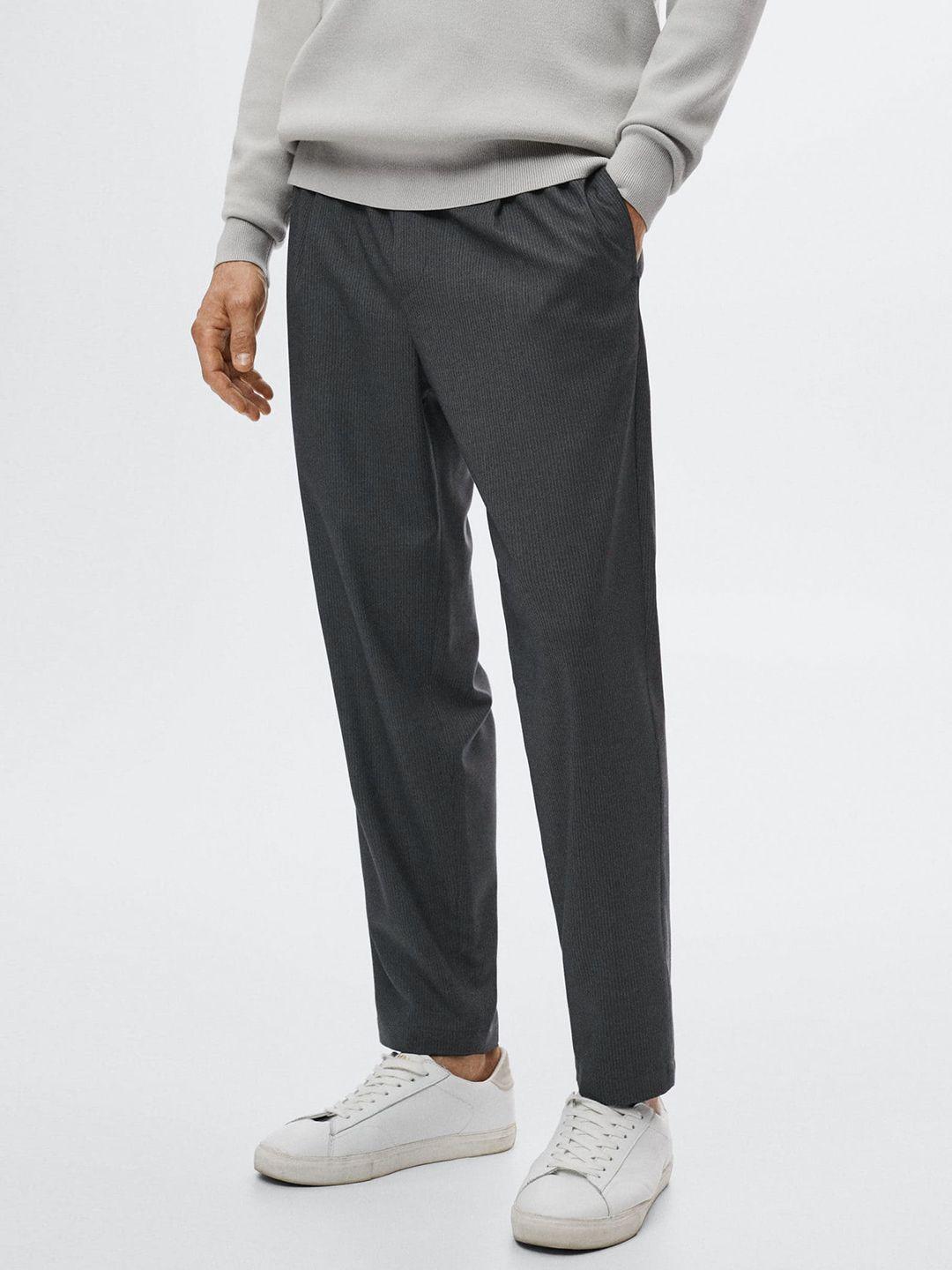 mango man men charcoal grey self-striped slim fit pleated trousers