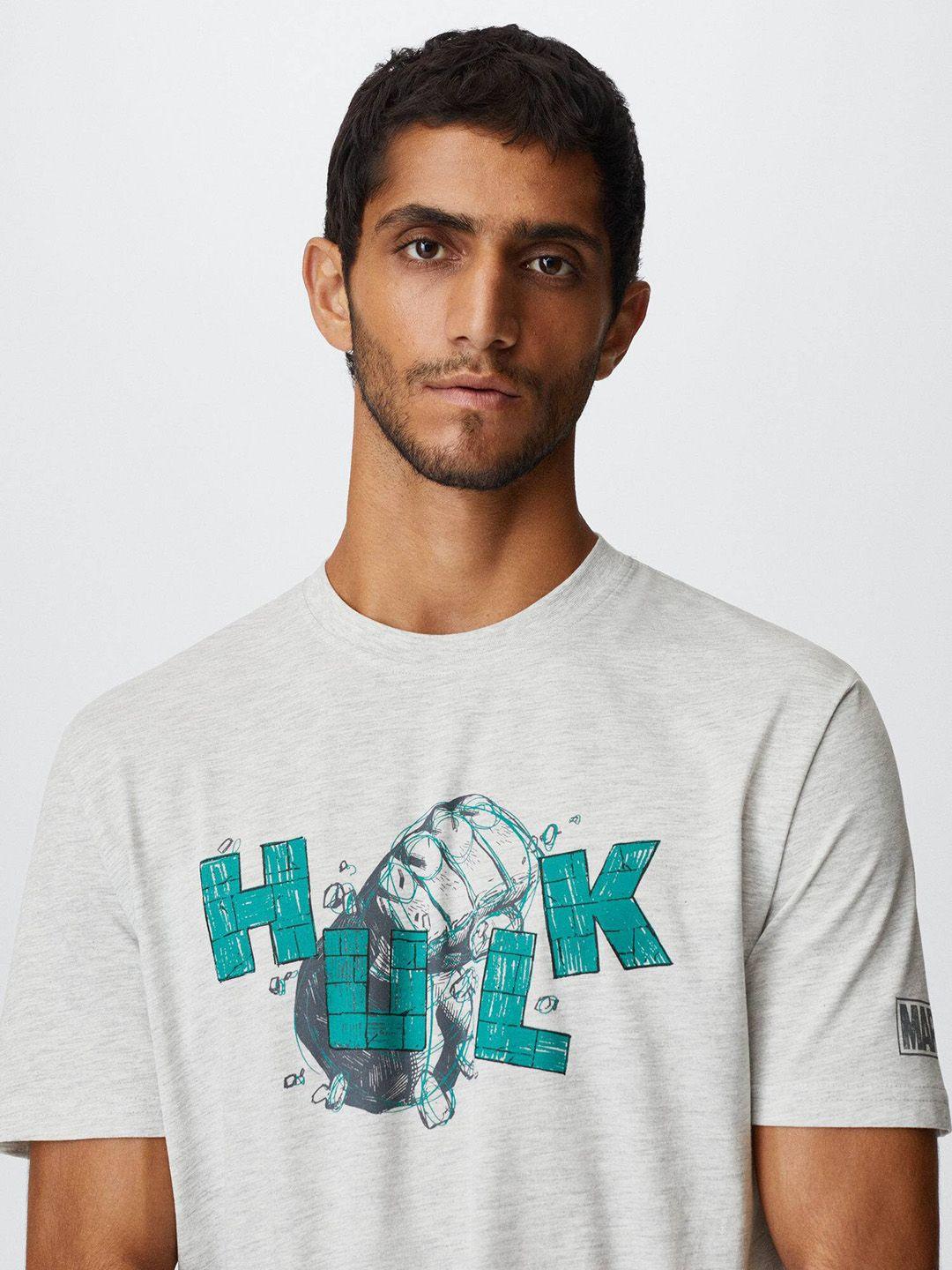 mango man men grey melange & green hulk printed sustainable t-shirt