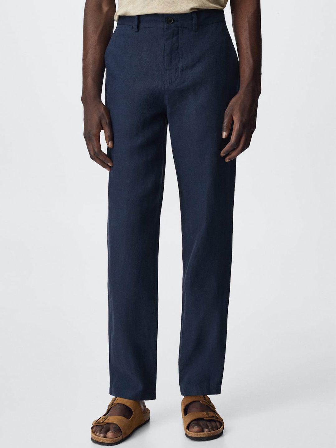 mango man men navy blue regular woven trousers