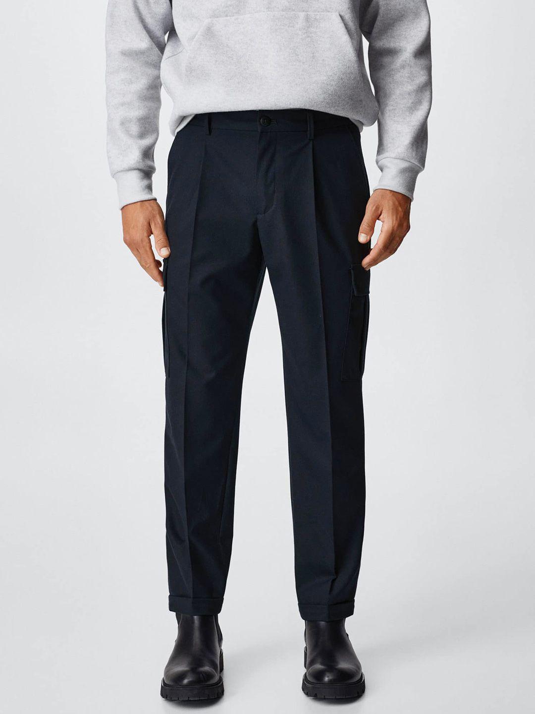 mango man navy blue solid pleated sustainable regular trousers