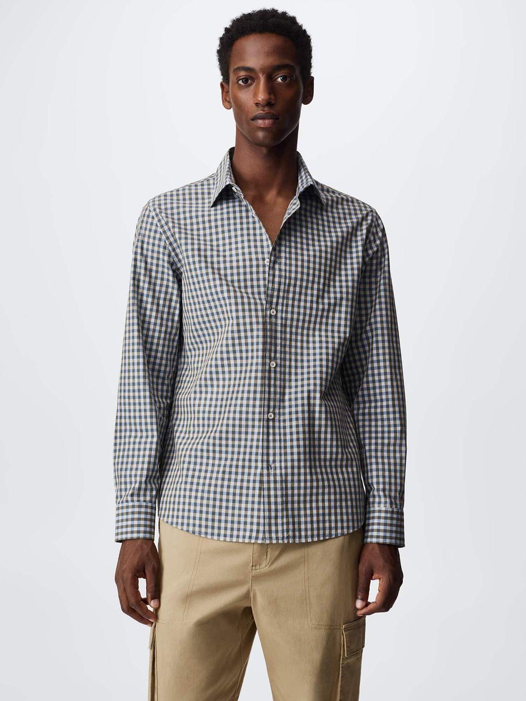 mango man olive green & off-white pure cotton slim fit checked sustainable casual shirt