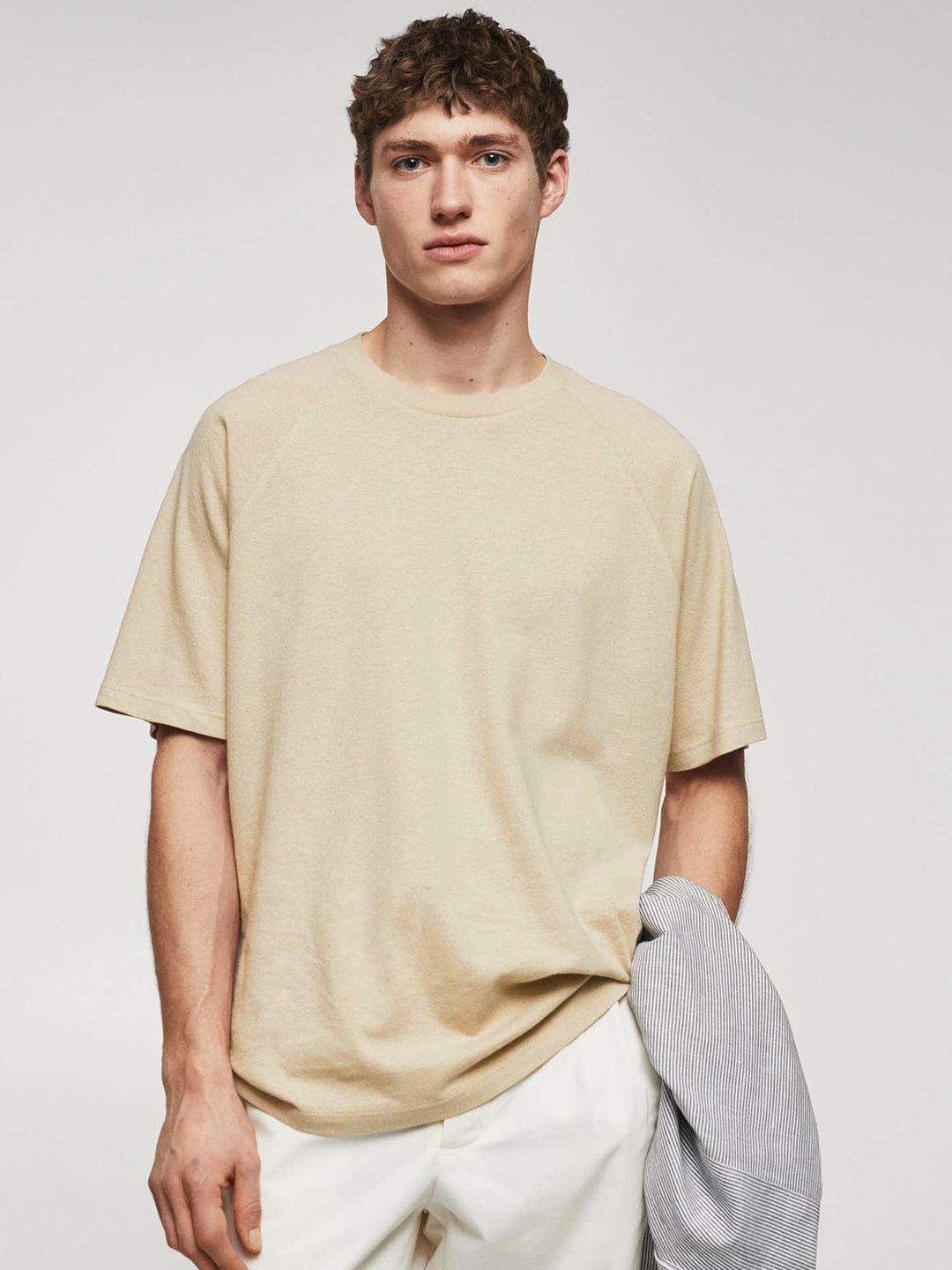 mango man solid cotton linen t-shirt