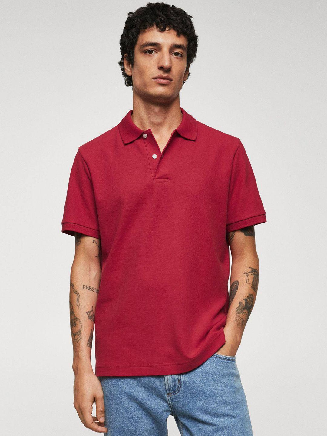 mango man solid polo collar cotton linen t-shirt