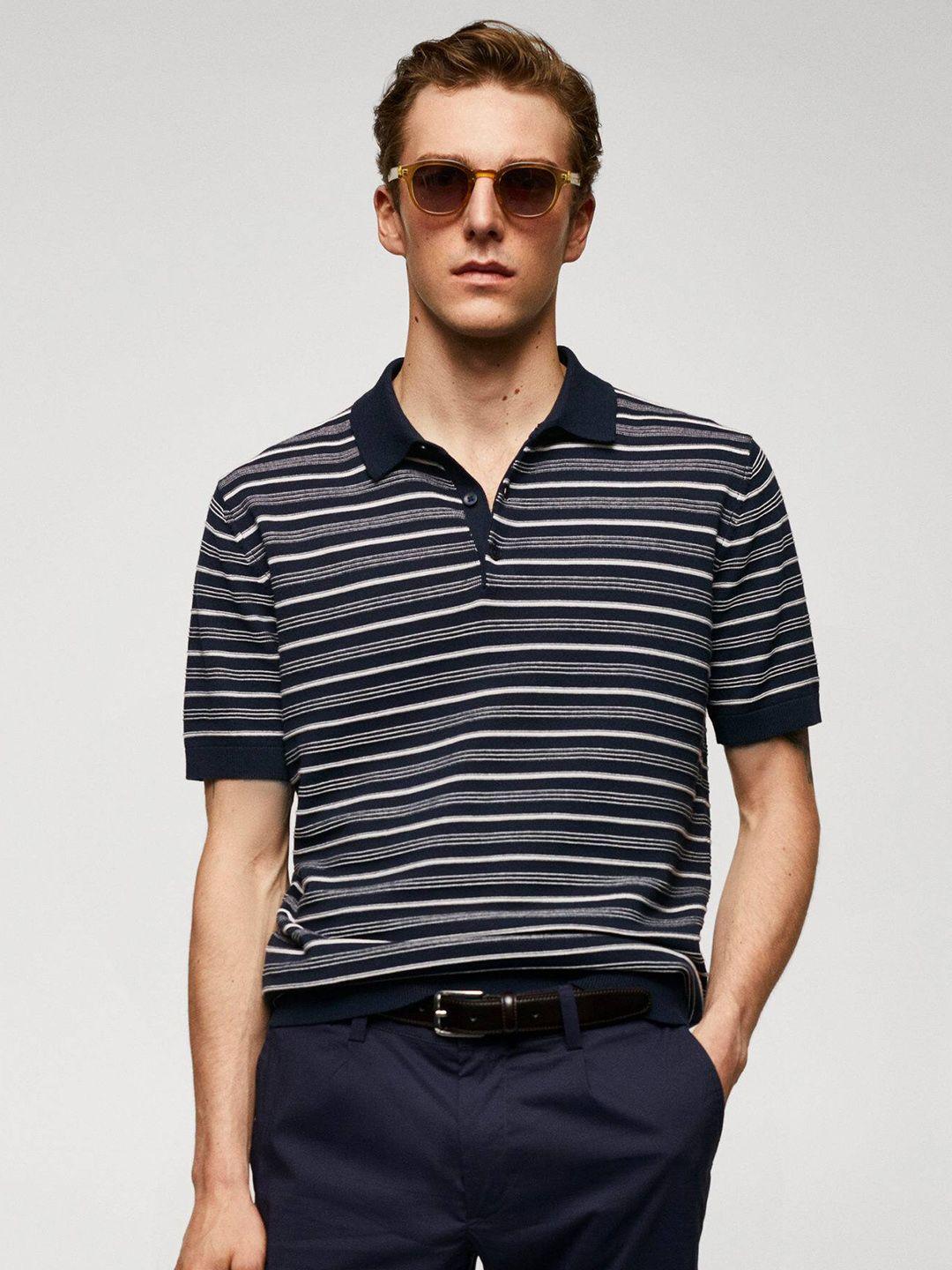 mango man striped polo collar pure cotton t-shirt