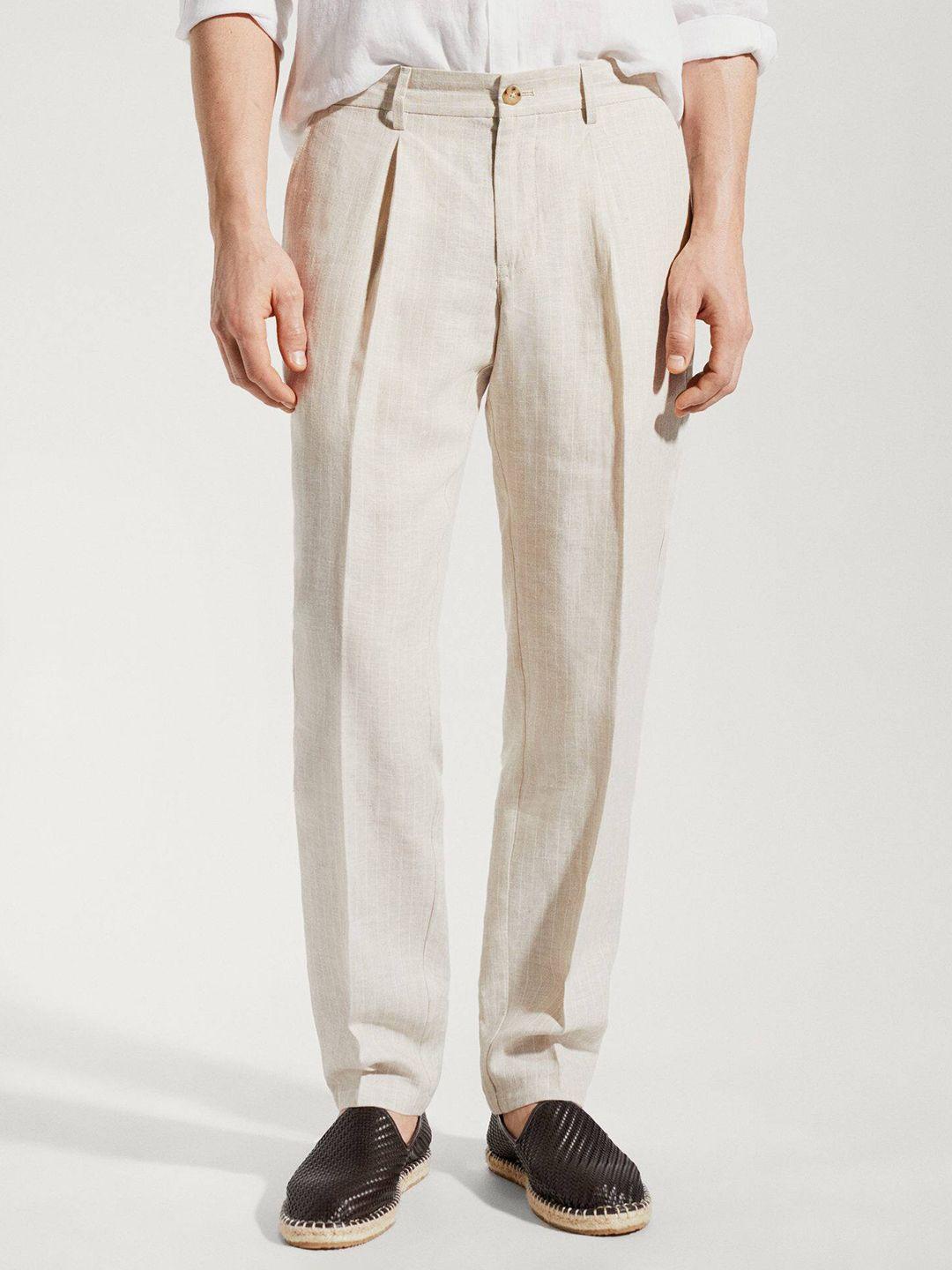mango man striped straight fit high-rise pleated sustainable linen cotton trousers