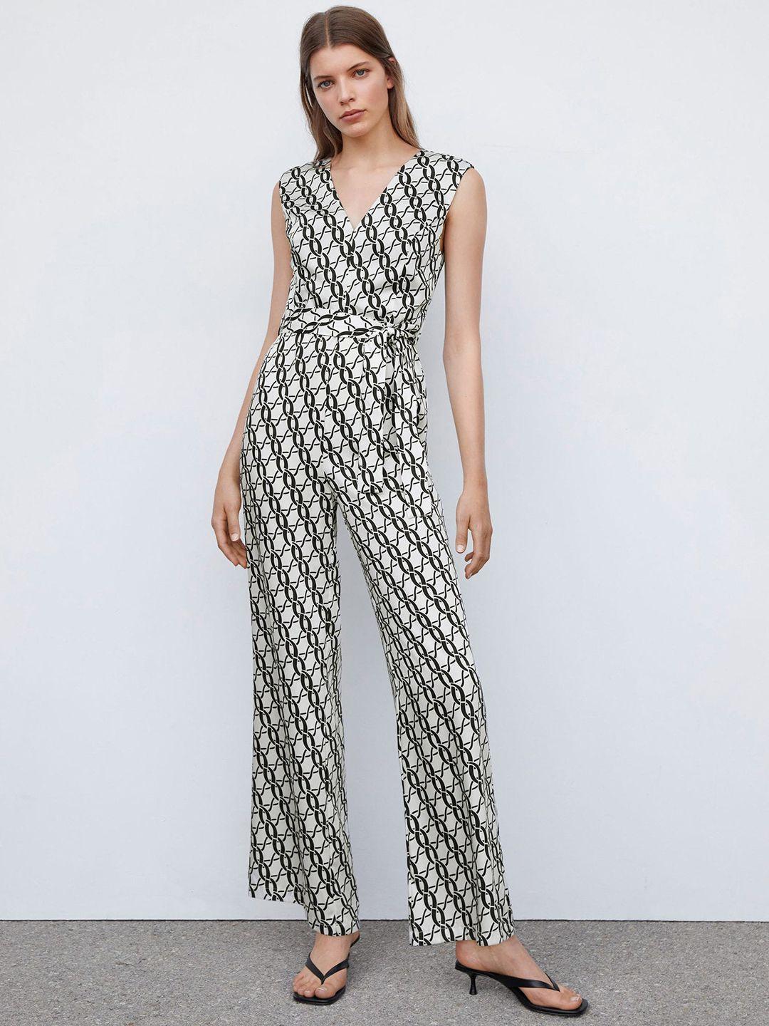 mango monochrome chain print basic jumpsuit with belt