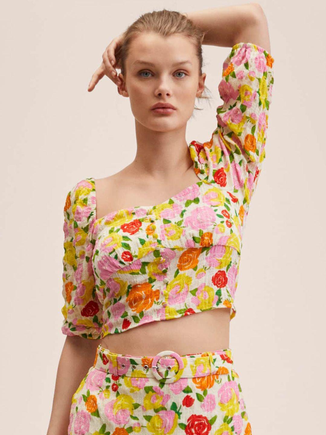 mango multicoloured floral print sweetheart neck crop top