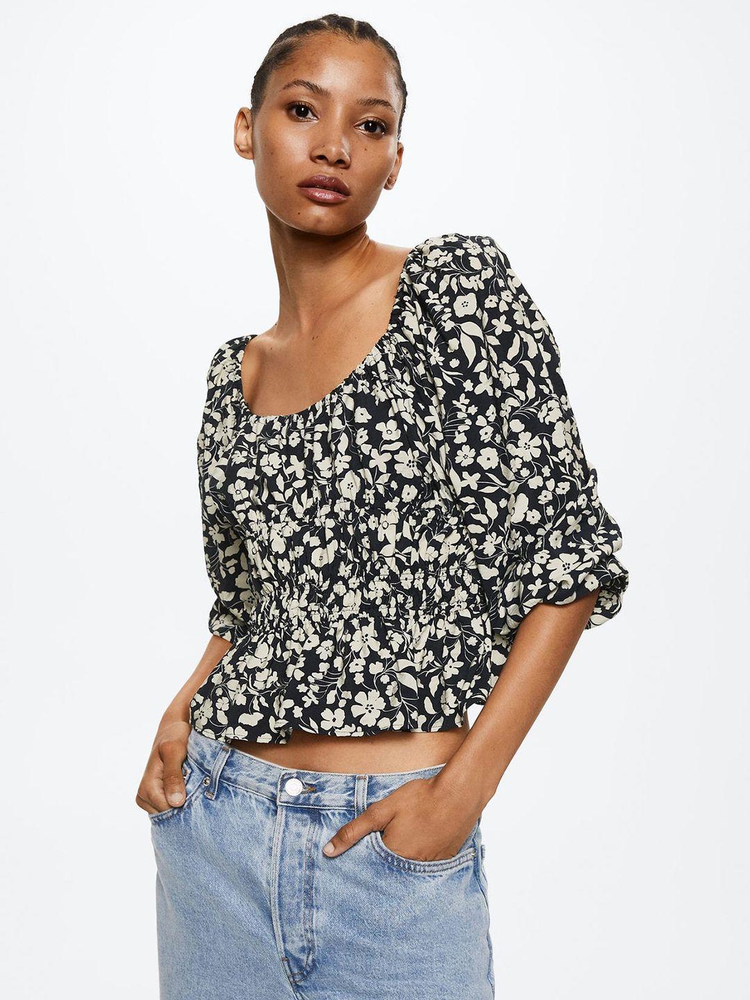 mango navy blue & off white floral print cinched waist crop sustainable top