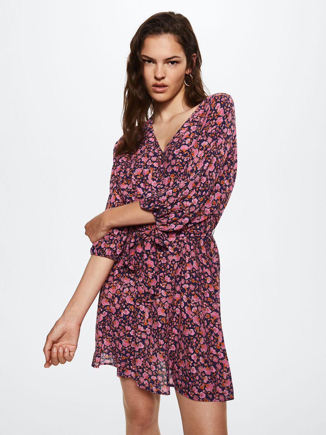 mango navy blue & pink floral print sustainable a-line dress