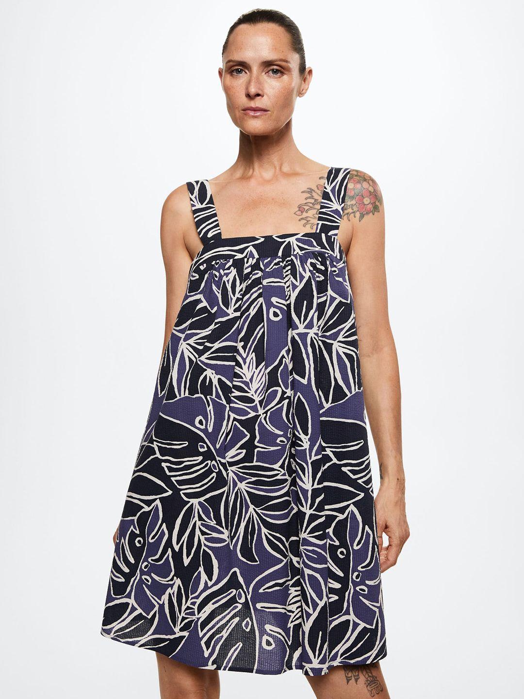mango navy blue & purple sustainable pure cotton tropical print a-line dress