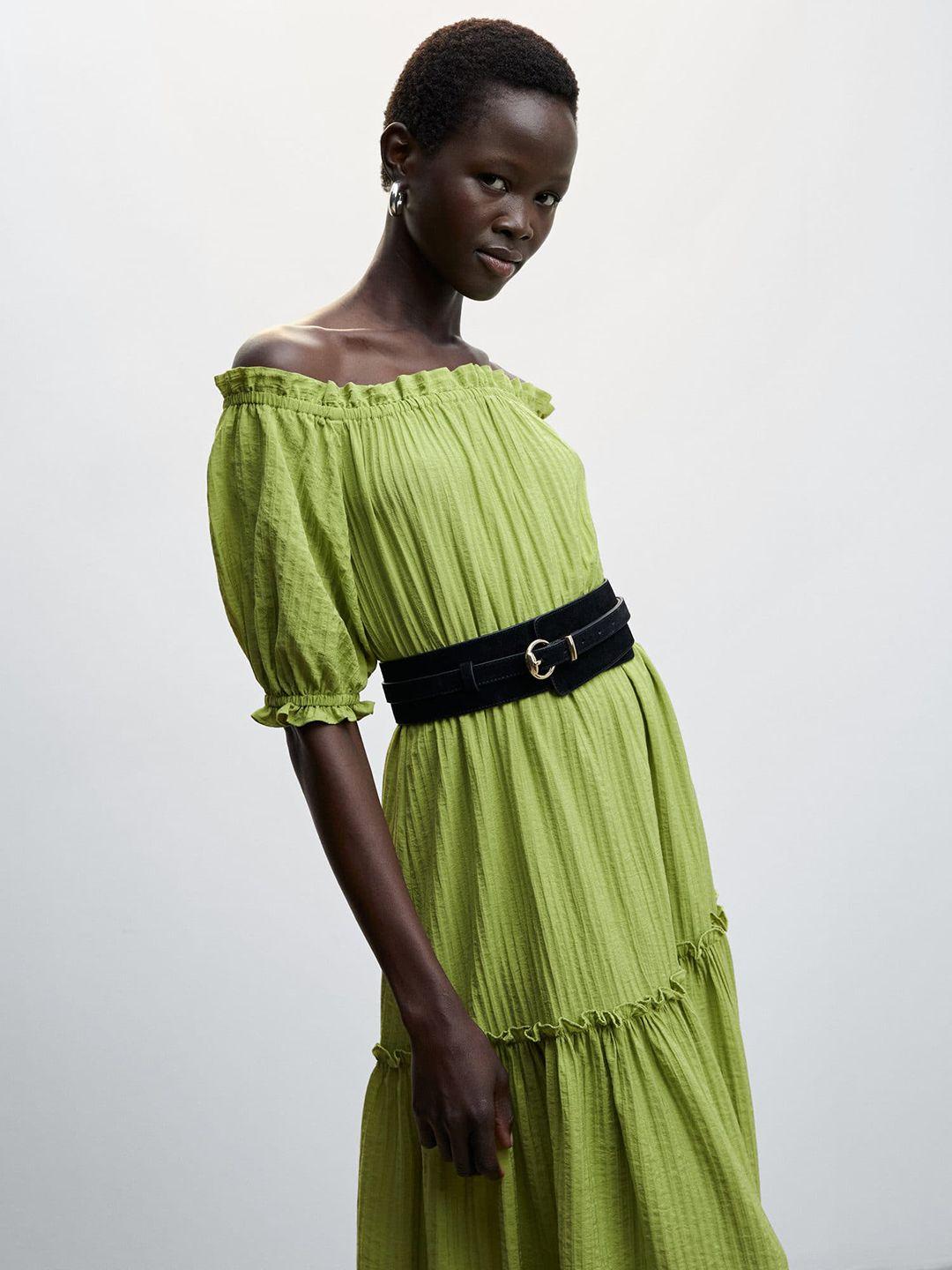 mango off-shoulder a-line sustainable midi dress