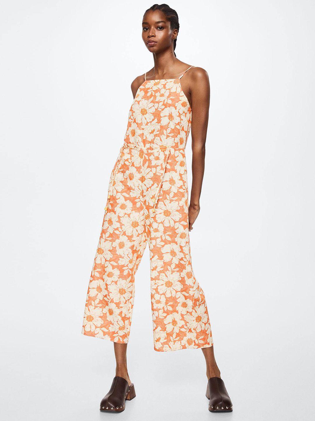 mango off white & peach-coloured floral print basic jumpsuit