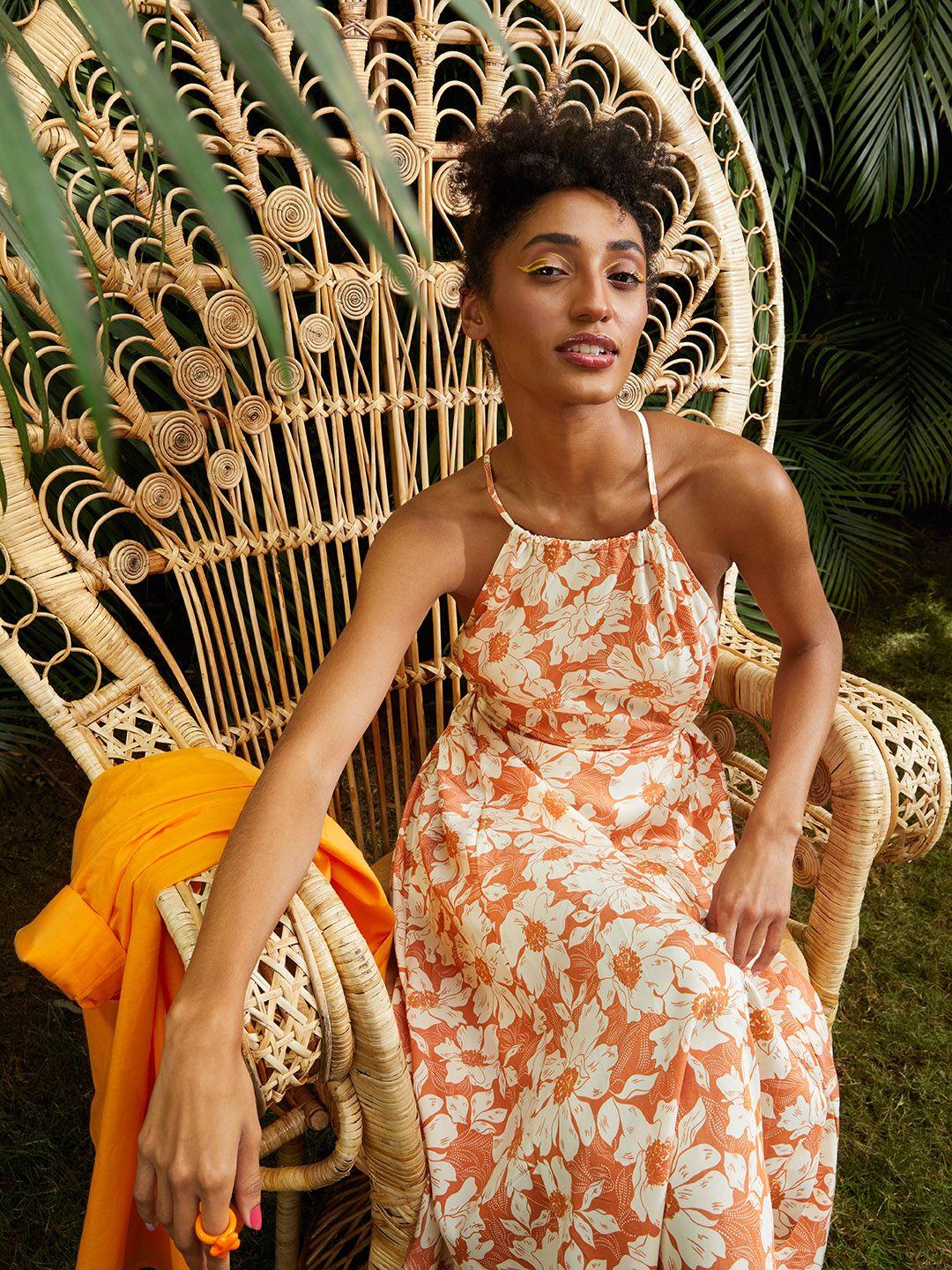 mango off white & peach-coloured sustainable floral print a-line midi dress