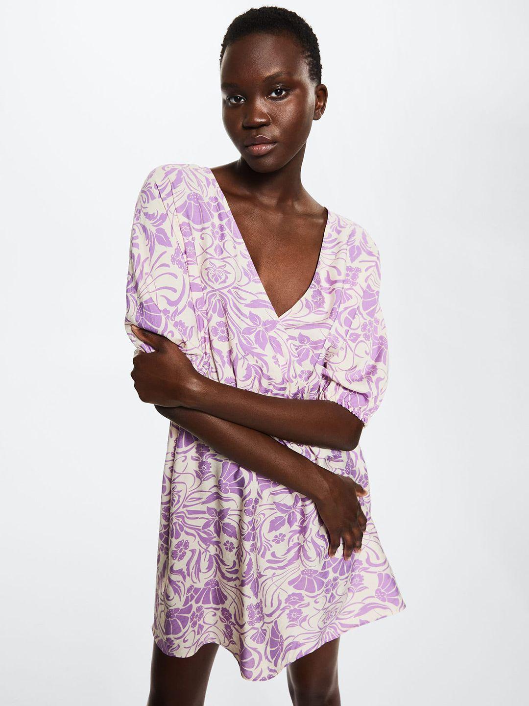 mango off white & purple sustainable floral print wrap dress