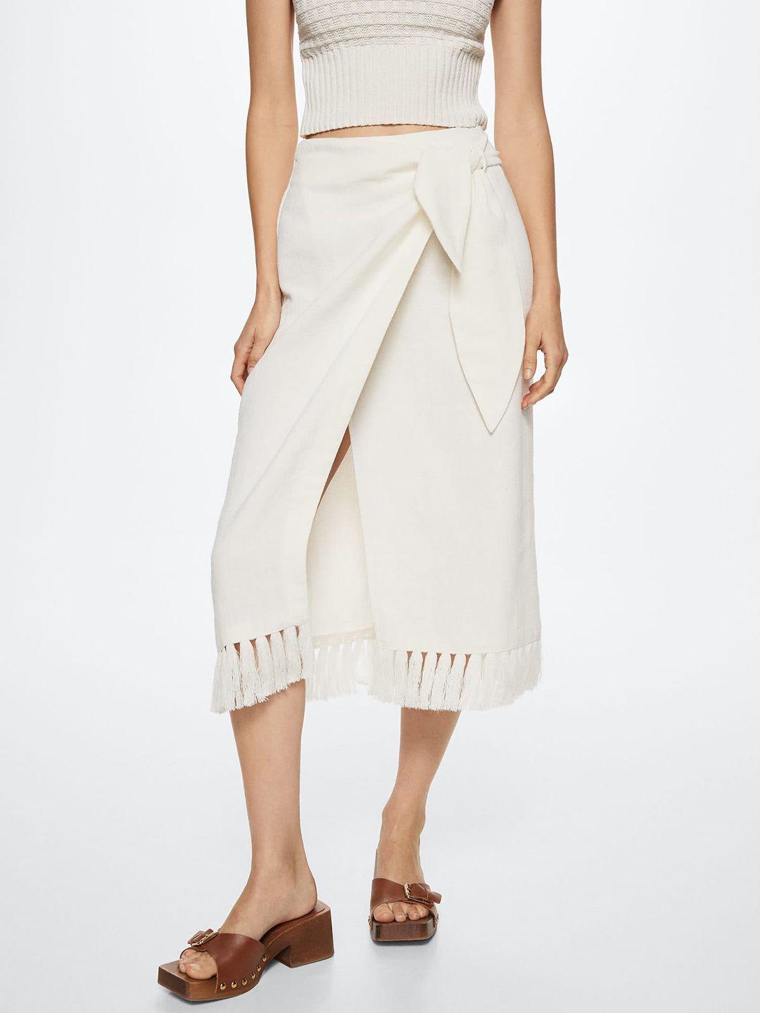 mango off-white solid fringe detail wrap skirt