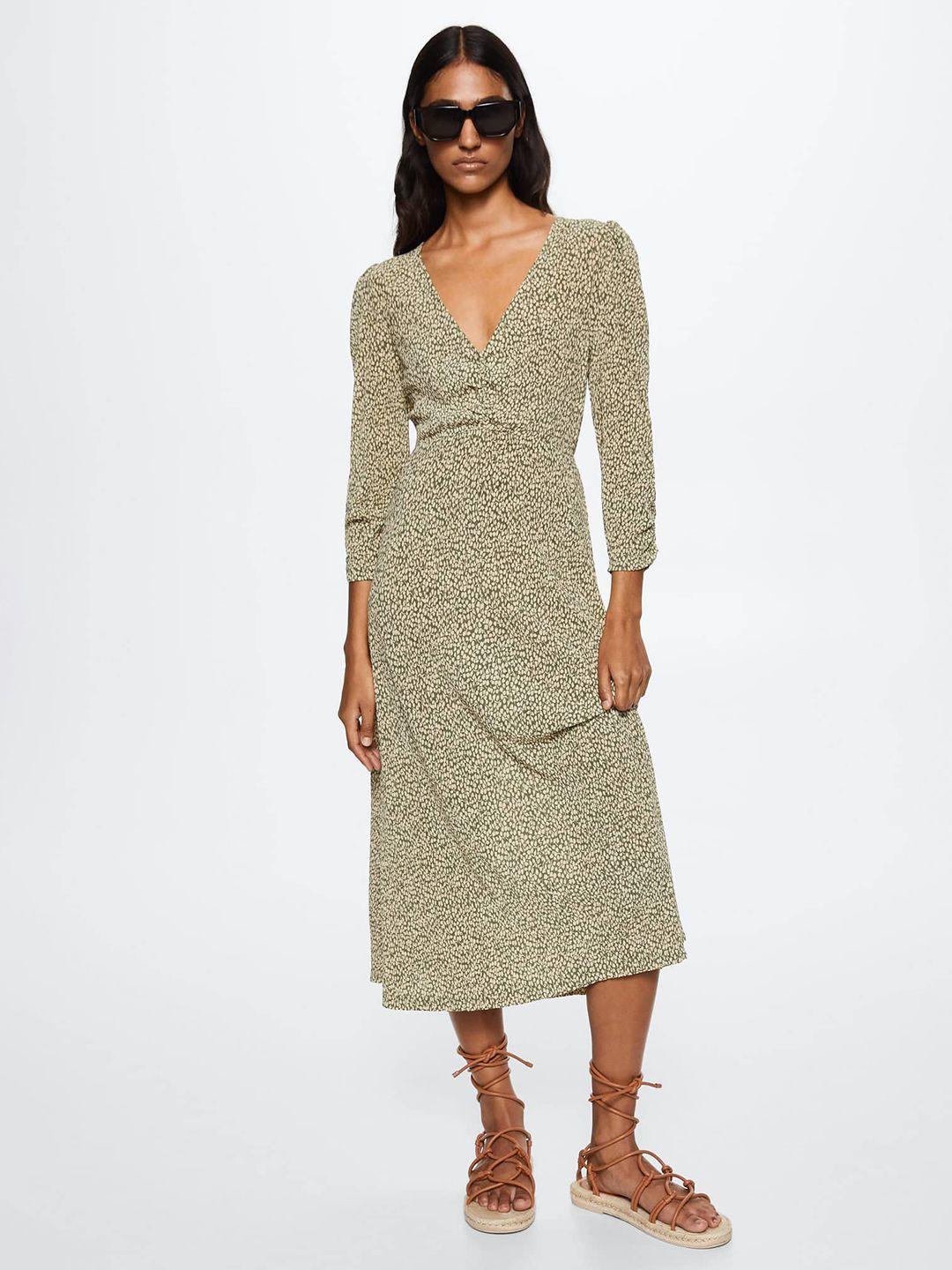 mango olive green & beige a-line midi dress