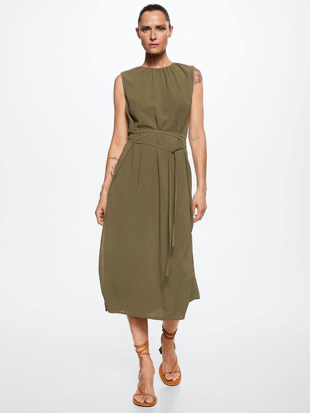 mango olive green a-line midi dress