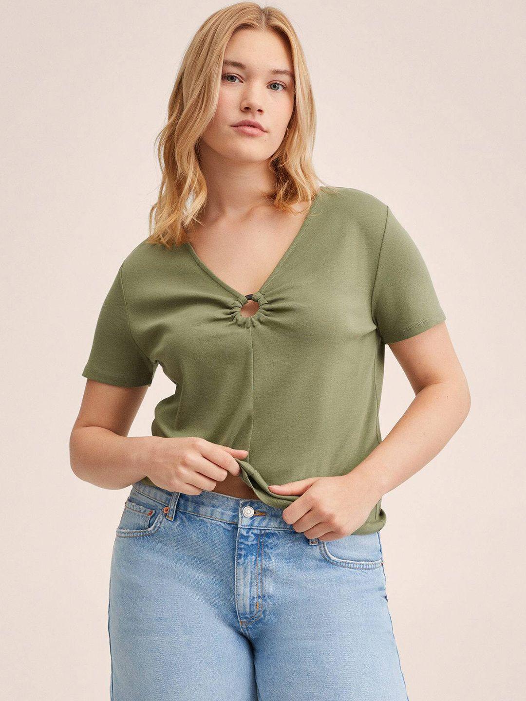 mango olive green solid cut out detail cotton top